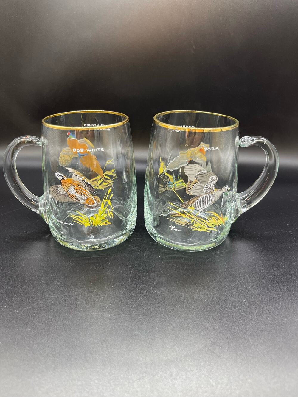 Vintage Ned Smith Set of 2 Gold Rim Glass Mugs Game Birds Sora Bob White
